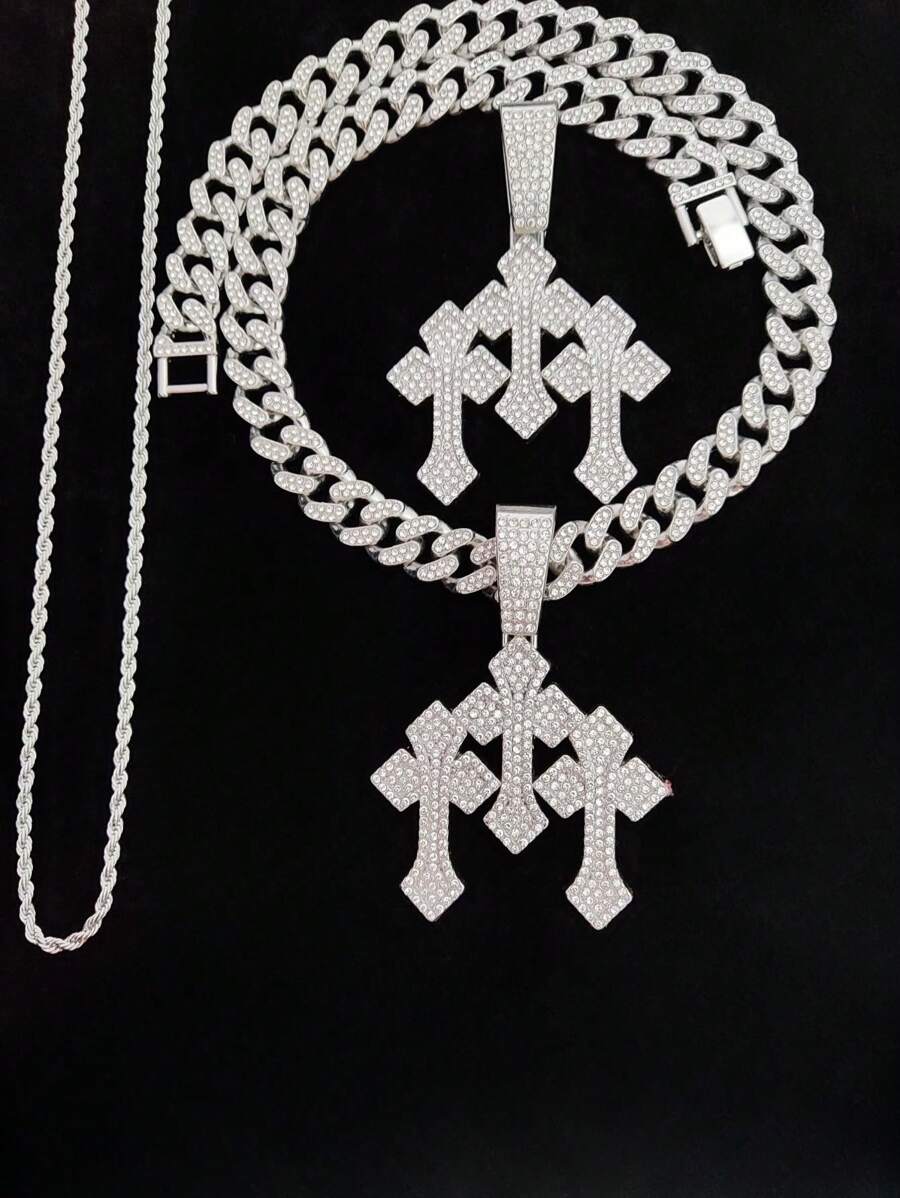 1 件创意吊坠、1 件 13 毫米宽链条和 1 件 3 毫米宽不锈钢绳链 - 男女通用时尚嘻哈复古项链，适合日常佩戴或派对，2 种链条款式 - 銀色 - 查看 1