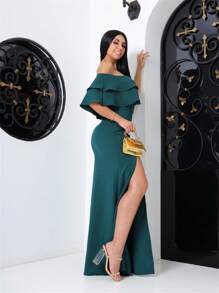 Formal Dress Off Shoulder Thigh Split Panty Dress Up Lurex Fabric - 軍綠色 - 查看 2