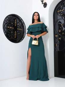 Formal Dress Off Shoulder Thigh Split Panty Dress Up Lurex Fabric - 軍綠色 - 查看 3