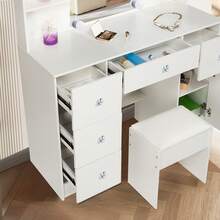 Large Makeup Dressing Table With LED Lights Mirror + 5 Drawers Vanity Stool Set - white LED - View 5