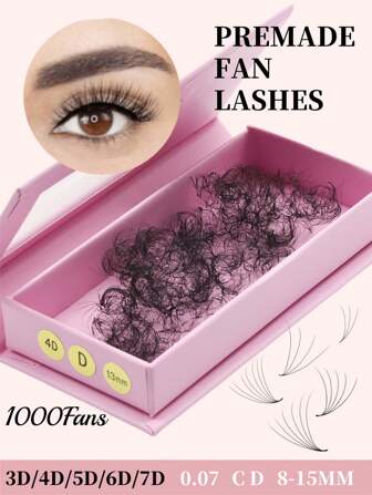 一盒1000根散装扇形睫毛嫁接，0.07毫米尖头，3D/4D/5D/6D/7D/8D浓密型预制睫毛嫁接