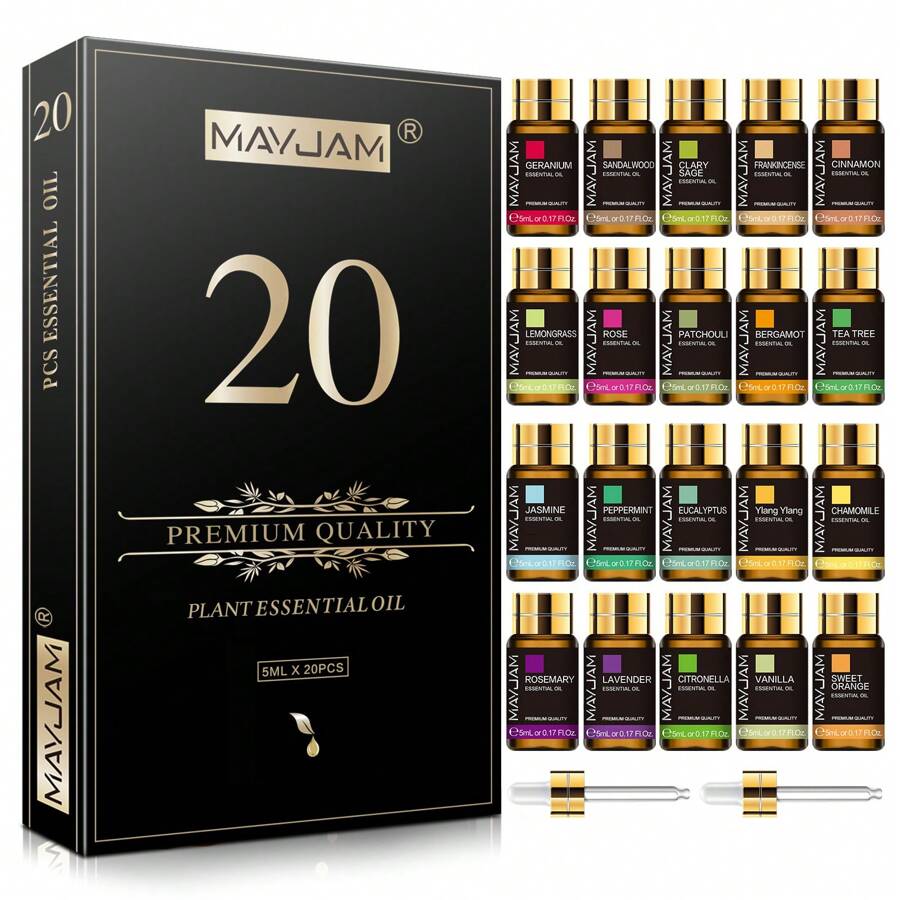 20 st 5 ml/0,17 fl oz eteriska oljor set för diffusorer luftfuktare hem aromaterapi massage bad sömn avslappning, lavendel, jasmin, eukalyptus, vanilj, pepparmynta, sandelträ, frankincense, söt apelsin, ylang ylang, citron, ros, bergamott, tea tree, patchouli - Multifärgad - Visa 1