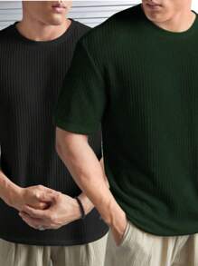Kit 2 Oversized Casual Basic Plain Straight T-Shirt Black/Multicolor - 軍綠色 - 查看 1