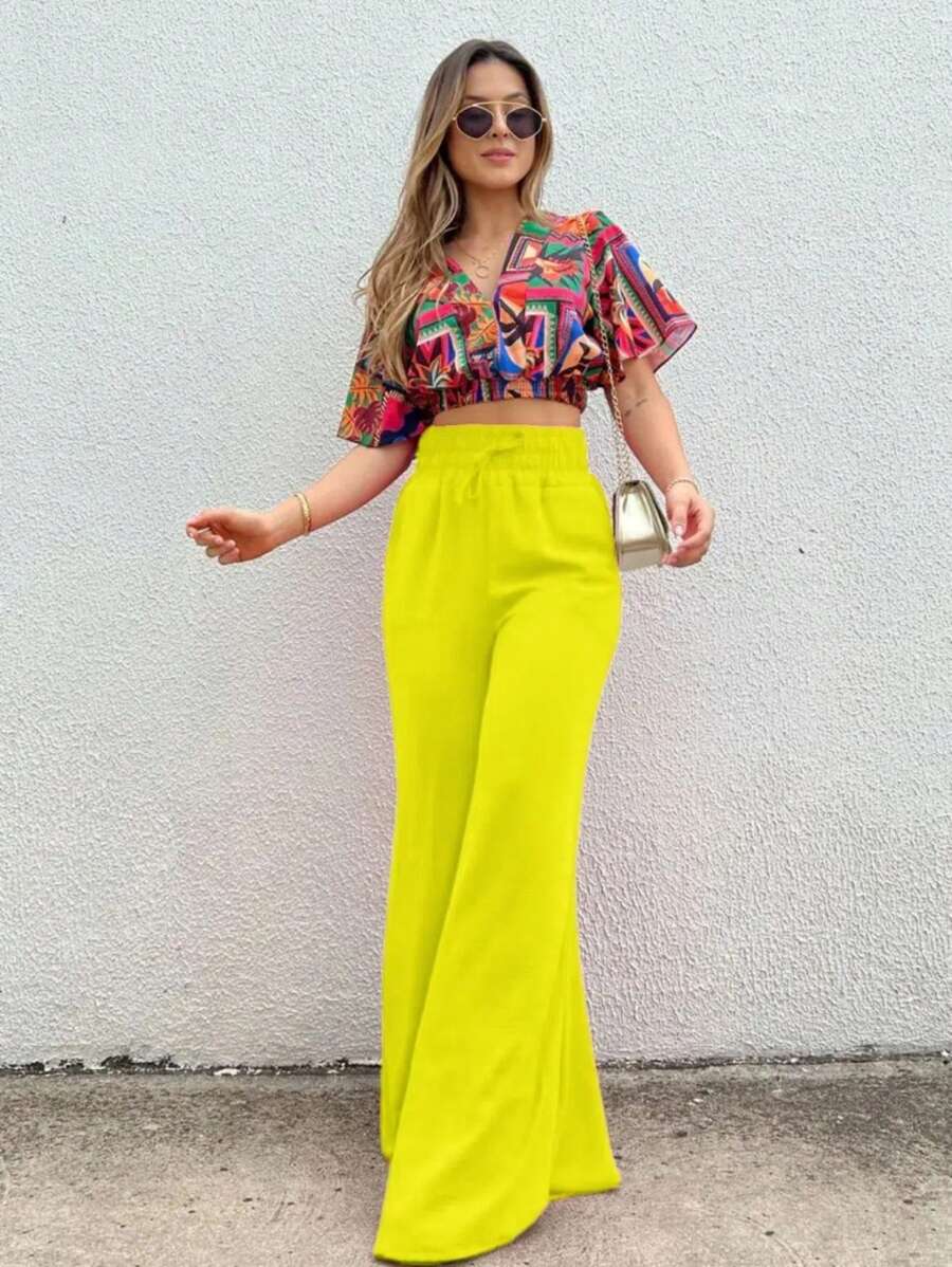 Duna Women's Wide Leg Pants Without Slits - 青檸色 - 查看 1