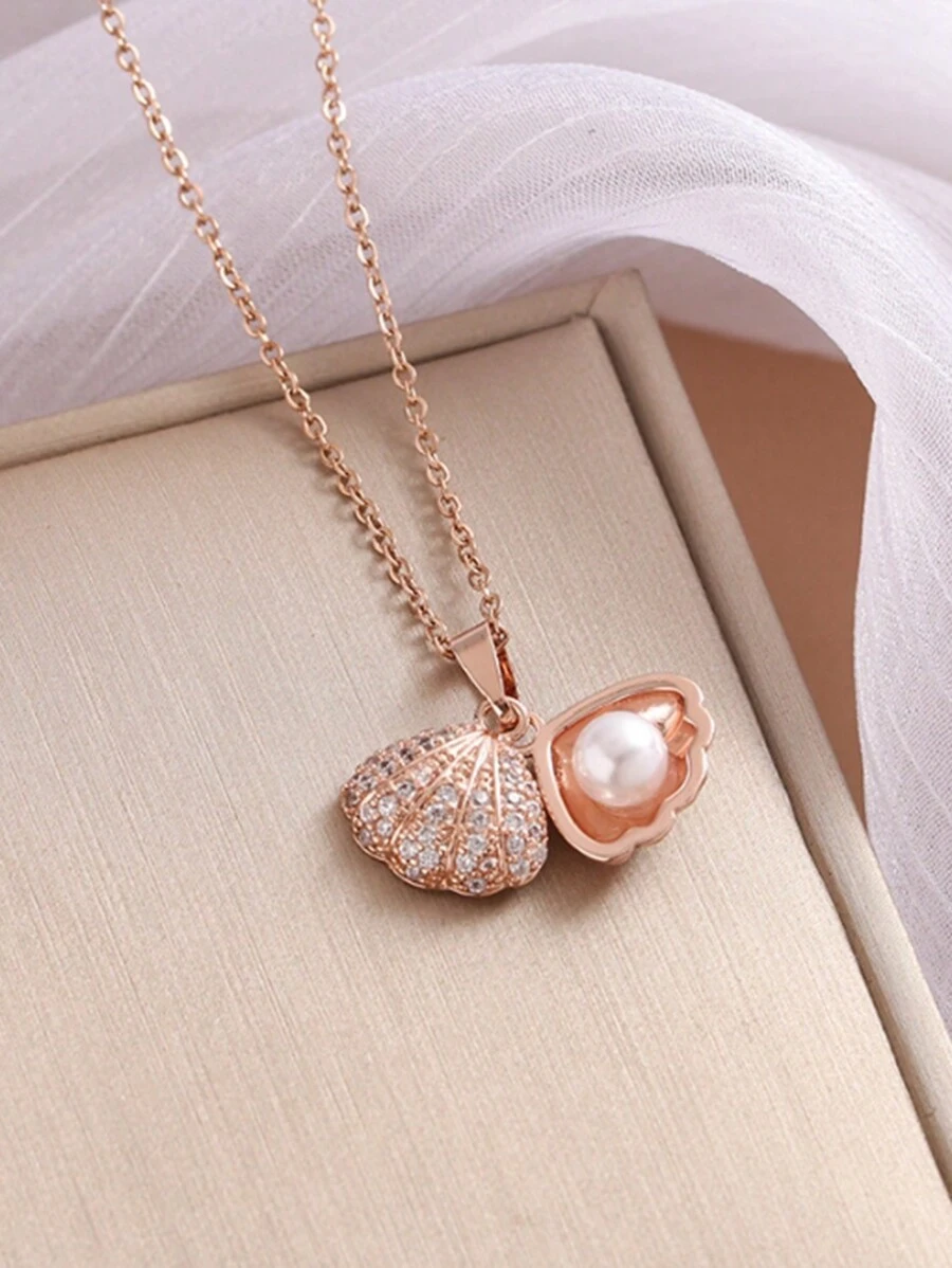 1 件不锈钢锆石镶嵌空心贝壳和珍珠项链 - 玫瑰金 - 查看 1