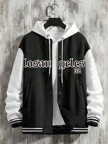 Casual Black & White Contrast Letter Print Baseball Jacket - Black and White - View 2