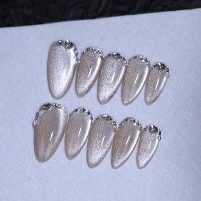 100%纯手工制作闪亮水钻美甲贴片，卡其色猫眼图案，10片装，杏仁形可重复使用假指甲贴片，适合女性和女孩，四季皆宜，日常佩戴及派对美甲产品，美甲用品，手工美甲贴片