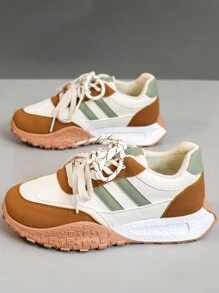 New Style Glitter Lace-Up Sneakers, 2024 Summer Breathable Colorblock Platform Casual Shoes, Fashion Thick Bottom Elevator Shoes For Students