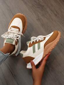 New Style Glitter Lace-Up Sneakers, 2024 Summer Breathable Colorblock Platform Casual Shoes, Fashion Thick Bottom Elevator Shoes For Students