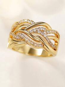 1 件时尚宽铜戒指，镶嵌微型锆石，适合日常佩戴、订婚、婚礼、情人节礼物，适合女性、妈妈、母亲、母亲节、礼物 - 金黃色 - 查看 2