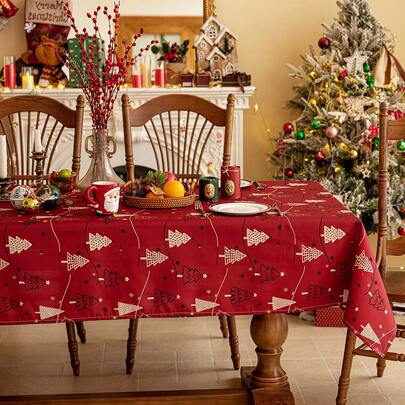 1 件新年和圣诞节红色超长桌布，可爱圣诞树图案，竹结 3D 纹理，更多纹理，矩形餐桌/咖啡桌防尘罩，适用于厨房、餐厅、客厅、餐厅、聚会、派对、节日主题活动、新年装饰、圣诞装饰、礼物