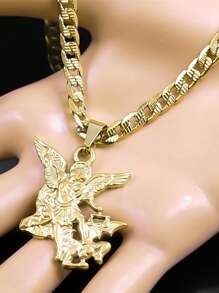 St. Michael Protect Us Stainless Steel Pendant Necklace, Unisex Gold Color Chain - Star - View 3