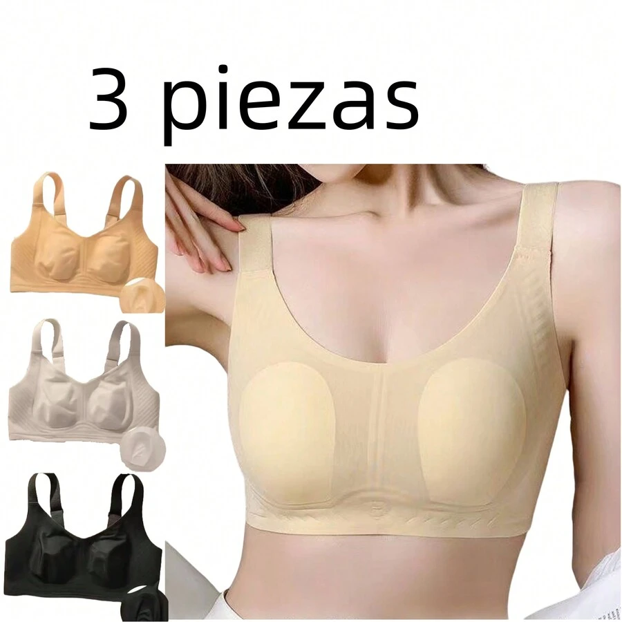 3pcs Rabbit Ears No Trace Underwear Big And Small Chest Soft Support No Steel Ring Prevent Sagging Back Bra - Black - View 1