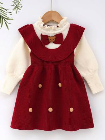 Young Girl Bowknot Decor Ruffle Trim Long Sleeve Cute Sweater Dress, Autumn/Winter