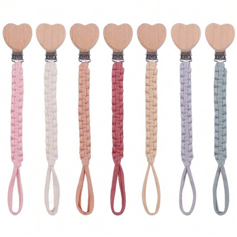 1 Piece Baby Pacifier Chain,Macrame Hand Braided Cloth Pacifier Holder Fits All Pacifiers,Leash Smoother Handmade Heart Shape Wooden Dummy Pacifier Clips For Boys And Girls,For Nursing Teether Shower Gifts - Multicolor - View 1