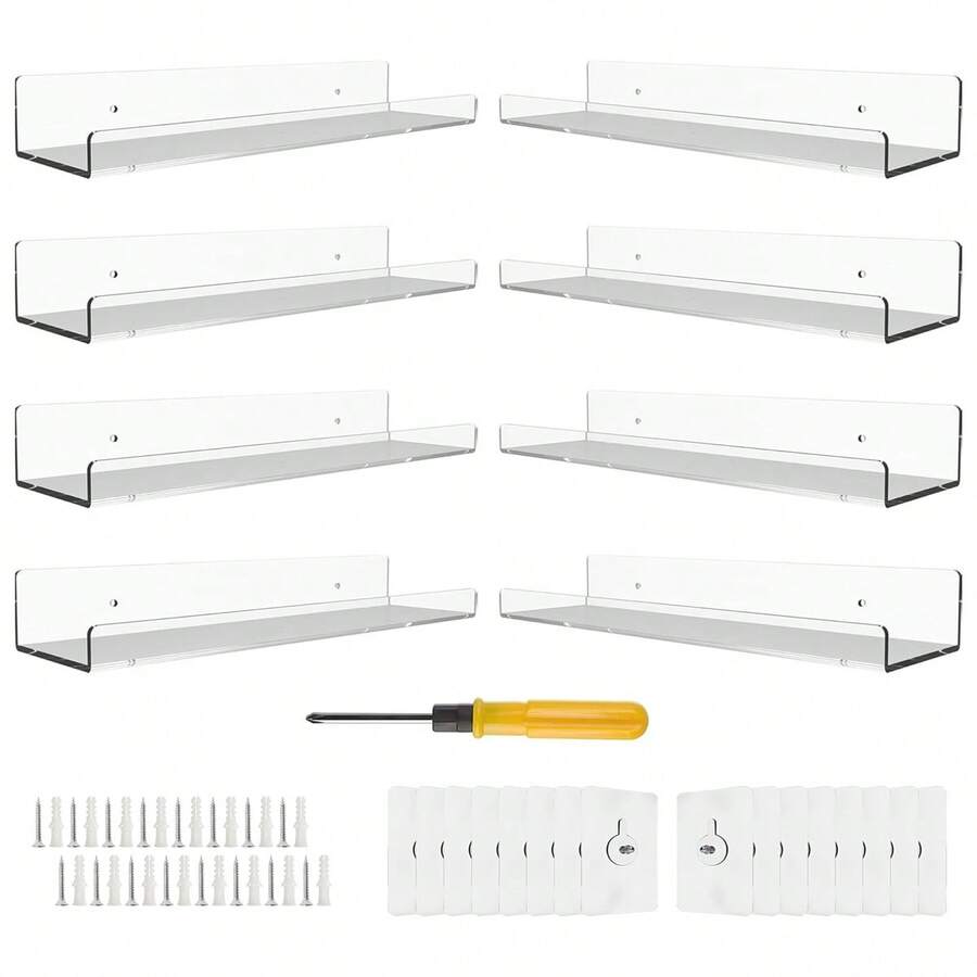 4/6/8/12 Pack 15'' Acrylic Shelves Clear Acrylic Floating Shelves Mounted Display Ledge Shelves, Wall Decor For Kids Book Shelves, Living Room, Bathroom, Bedroom, Kitchen - 8 gói trong suốt - Xem 1