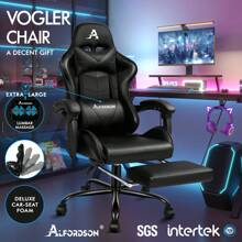 ALFORDSON Video Game Chair, Ergonomic Office Chair, Massage Racing Chair, Retractable Footrest, PU Leather, Height Adjustable And Tilt, 180kg Load Capacity - Black - View 2