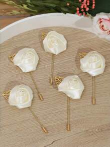 5pcs Luxury Bridal Chest Flower, Korean-Style Golden Leaves, White Rose, Bridesmaid And Groomsman Chest Flower Valentine's Day Accessories - White - View 2