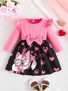 Baby GirlHeart, Glasses, Bow, Kitty Graphic Long Sleeve Cute Mini Dress For Spring And Autumn, Valentine's Day