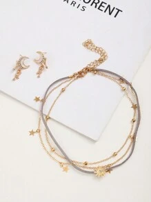 3pcs/Set Personalized Fashionable Multi-Layered Velveteen Sun & Pentagram Pendant Necklace Set Including 3-Layered Rhinestone Choker Necklace - Yellow Gold - View 16