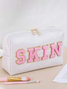1 Piece//2pcs/4pcs Waterproof Cute Women Makeup Bag For Teen Girls Preppy Chenille Letter Patches SKIN HAIR FACE BATH STUFF Travel Cosmetic Pouch Skincare Face Initial Cosmetic Bag Toieltry Bag Hair Products Stuff Pouch - Beige - View 21