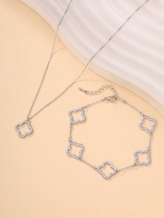 2 Pieces Set: 1 Necklace + 1 Bracelet, Fashion Luxurious Personalized Minimalist Gold Clover Flower Oval Pendant, Copper Material, Suitable For Girlfriend, Wedding, Graduation, Date Gift Valentines, Mom, Mother, Mother's Day, Gift