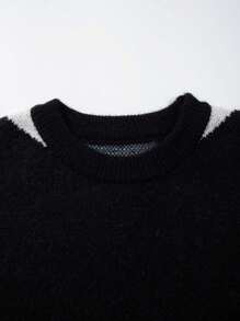 Unisex Casual Loose Raglan Sleeve Colorblock English Letter Embroidery Number Striped Jacquard Striped Patchwork Sporty Crew Neck Pullover Sweater, Autumn/Winter - Black - View 7