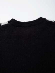 Unisex Casual Loose Raglan Sleeve Colorblock English Letter Embroidery Number Striped Jacquard Striped Patchwork Sporty Crew Neck Pullover Sweater, Autumn/Winter - Black - View 8