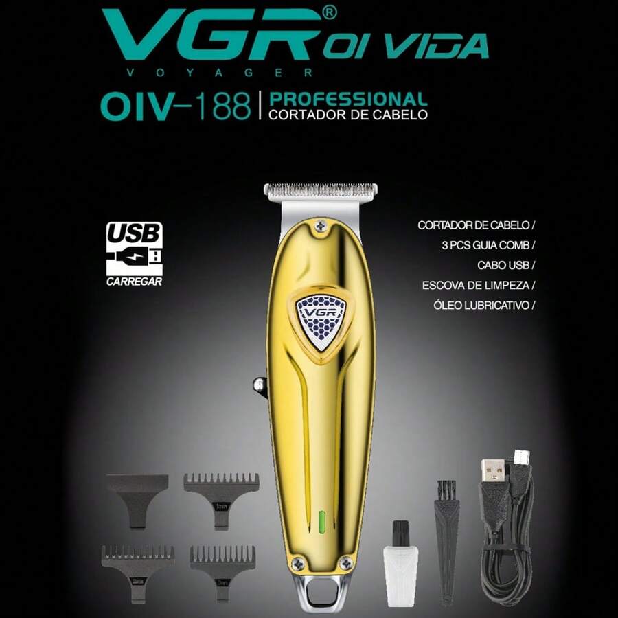 VGR Profissional Hair Trimmer Metal Hair Clipper Mini Cordless Hair Cut Máquina Elétrica Recarregável Barber Trimmer Homens V-188 - Dourado - Visão 1