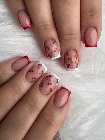 24 Pieces Of Short Square Press On Nails French Cherry Minimalist Fake Nails With 1 Nail Glue And 1 Nail File, Suitable For Daily Wear By Female Friends And Shopping