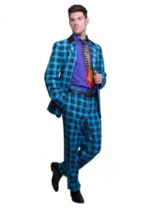 Navy Blue Plaid Casual Blazer For Men