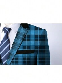Navy Blue Plaid Casual Blazer For Men