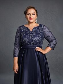 Plus 女士缺口领缎面下摆亮片新娘母亲礼服、婚礼活动礼服、优雅新娘礼服、新娘送礼会礼服 - 藏蓝色 - 查看 6