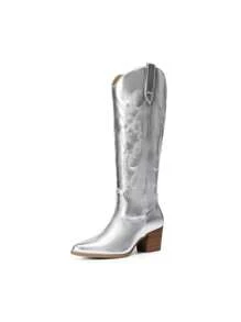 Embroidered Western Boots For Women Comfortable Chunky Heel Pull On Zipper Pointed Toe Knee High Boots Vintage Cowgirl Cowboy Ridding Vacation Boots - 銀色 - 查看 5