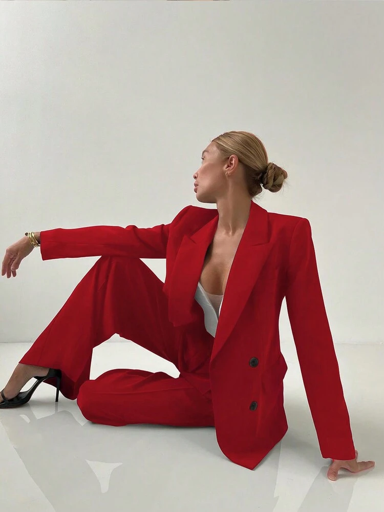 Women Office Lady Elegant Casual Blazer Jacket And Straight Leg Pants Suit Set, Autumn/Winter, Chrisimas & New Year Eve Party Outfit Valentine's Day, With Shoulder Pad - Red - View 3
