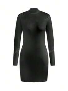 Vestito a collo alto a maniche lunghe midi aderente in colore unito, stile minimal, per donna
