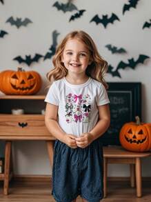Kleine Mädchen Lässiges T-Shirt mit Rundhalsausschnitt und rosa Schleife für Halloween