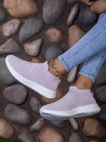 Women's Gray Breathable Knit Casual Flat Slip-On Shoes, Lightweight And Comfortable