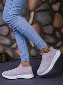 Women's Gray Breathable Knit Casual Flat Slip-On Shoes, Lightweight And Comfortable