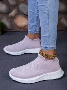 Women's Gray Breathable Knit Casual Flat Slip-On Shoes, Lightweight And Comfortable