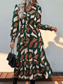 Fall Casual V-Neck A-Line Allover Print Dress - Green - View 3