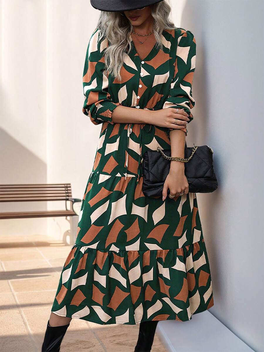 Fall Casual V-Neck A-Line Allover Print Dress - Green - View 1