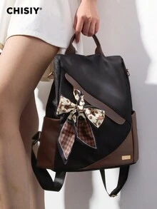 CHISIY Balo Nylon dành cho nữ, Balo đen thời trang có điểm nhấn là khăn quàng cổ họa tiết hoa, Balo du lịch chống nước dùng khi đi mua sắm, đi làm và sử dụng hàng ngày, Nhẹ và rộng rãi, Lý tưởng cho Bộ sưu tập Thu/Đông 2024, Thời trang và thiết thực, Hoàn hảo cho việc đi làm hàng ngày - màu đen - Xem 4