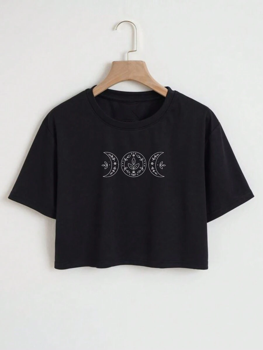 Cropped T-Shirt Printed 100% Cotton Stylish Moon Phases Flowers - 黑色 - 查看 1