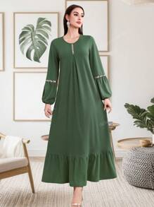 Spring & Summer Clothes Women Sparkly Patchwork Lantern Sleeve Clothing New Long Sleeved Women's Skirt Solid Color Long Skirt Kaftan Ladies Loose Ruffle Trim Decorated Elegant Maxi Dress