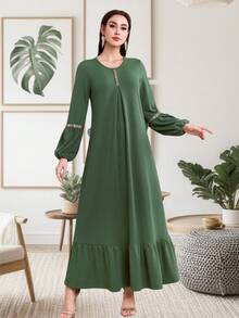 Spring & Summer Clothes Women Sparkly Patchwork Lantern Sleeve Clothing New Long Sleeved Women's Skirt Solid Color Long Skirt Kaftan Ladies Loose Ruffle Trim Decorated Elegant Maxi Dress - Green - View 2