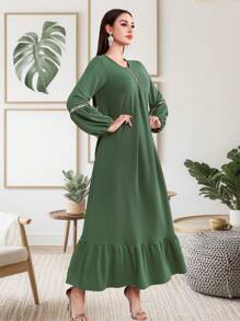 Spring & Summer Clothes Women Sparkly Patchwork Lantern Sleeve Clothing New Long Sleeved Women's Skirt Solid Color Long Skirt Kaftan Ladies Loose Ruffle Trim Decorated Elegant Maxi Dress - Green - View 4