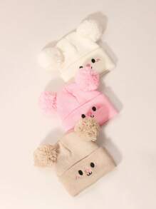 3 件/1 件婴儿男孩无檐小便帽，婴儿新生儿幼儿儿童针织帽，适合小女孩，带双绒球配饰冬季保暖帽 - 彩色 - 查看 2