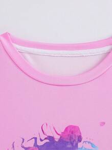 XUMPLO 3pcs/Set Girls Comfortable & Breathable Mermaid Print Round Neck Short Sleeve T-Shirt, Shell Shorts & Pants