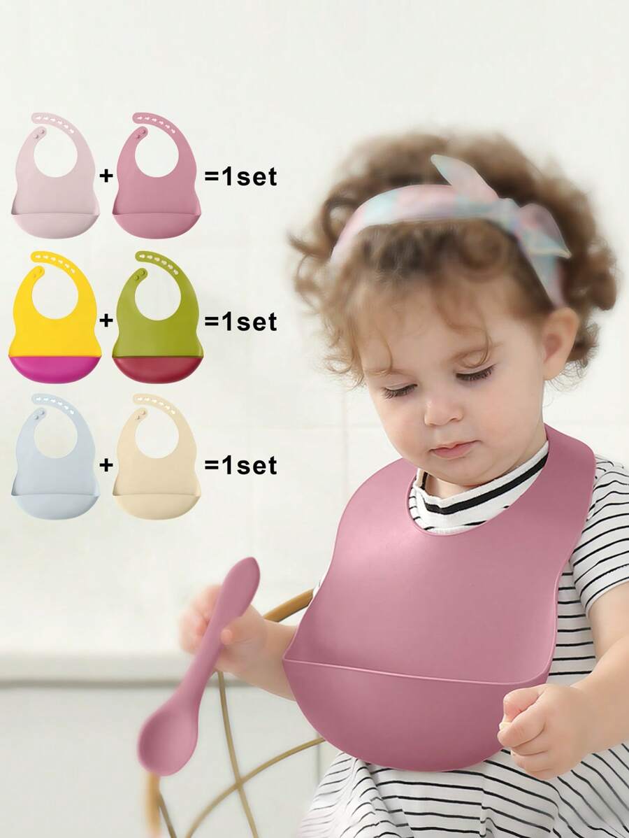PopLittleOne 2 CHIẾC Silicone Yếm Yếm Có Thể Điều Chỉnh Yếm Cho Bé Thứ Trẻ Em Phụ Kiện Ăn Chống Thấm Ợ Vải Đồng Màu Đồ Cho Bé